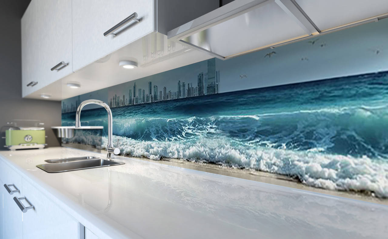 

Виниловый кухонный фартук Волны 3Д (наклейка для кухни ПВХ пленка скинали) город пена Море Синий