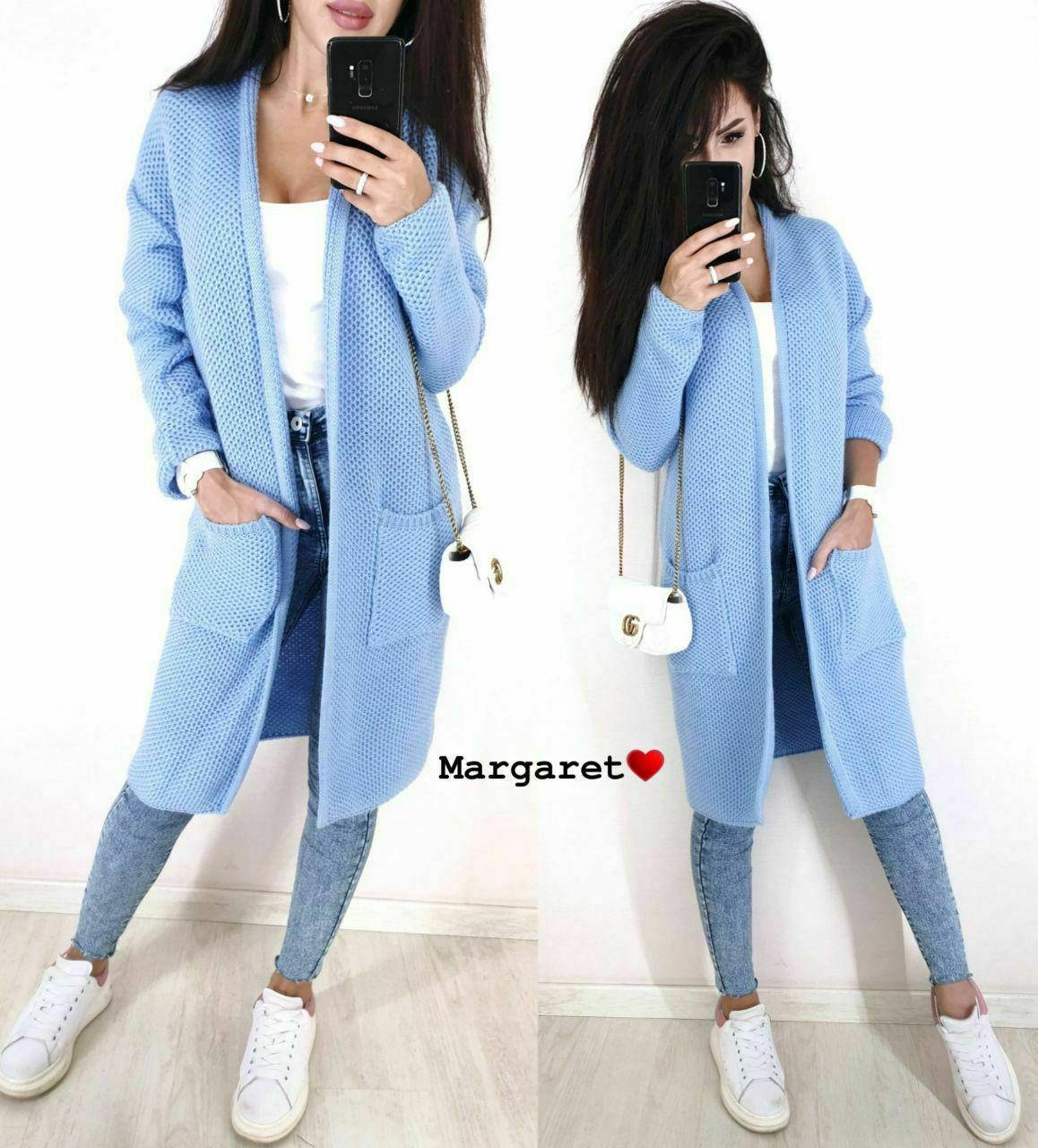 

Женский вязаный кардиган с шерстью с карманами и без застежки 9pk207, Голубой