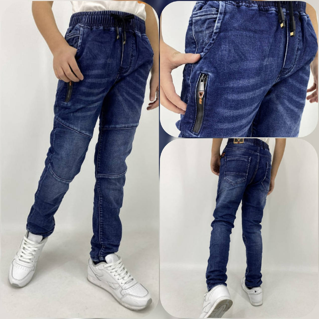 

Весенние темно-синие джинсы джогеры на резинке подростковые 170