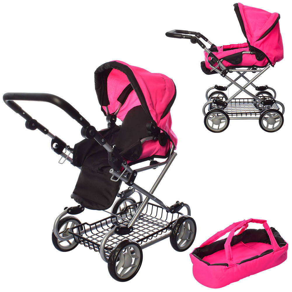 

Коляска для куклы 9346W Melogo, классика, 2 в 1, с люлькой, металлическая с прорезиновой ручкой h=63 см, Малиновый