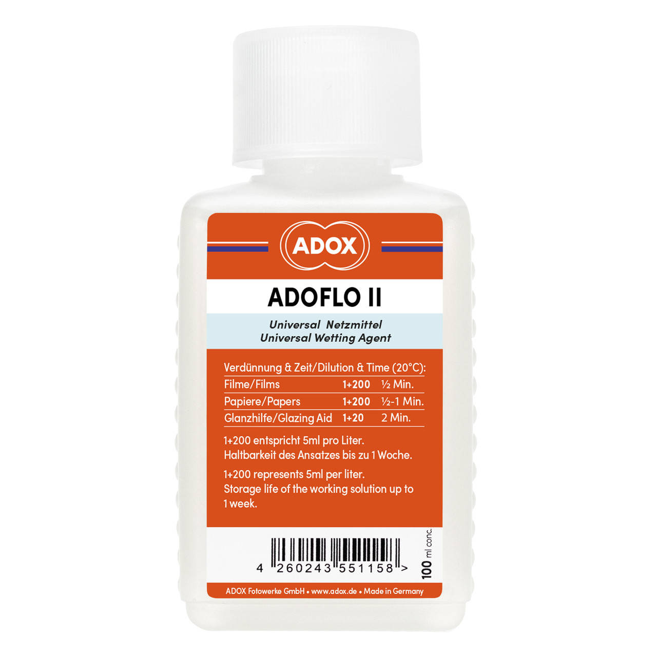 

Ополаскиватель для фотопленки и фотобумаги ADOX ADOFLO II 100 ml Concentrate.