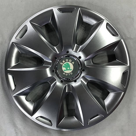 

Колпаки Skoda R15 зеленая эмблема, серебро - (SJS ke2354) - комплект (4 шт.)