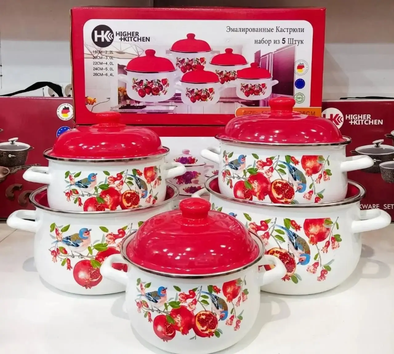 

Набор эмалированных кастрюль Higher Kitchen НК-309 5 штук Набор эмалированных кастрюль, Белый