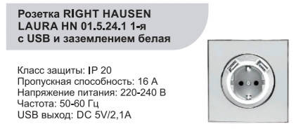 

Розетка одинарная с USB и заземлением белая Laura Right Hausen HN-015241