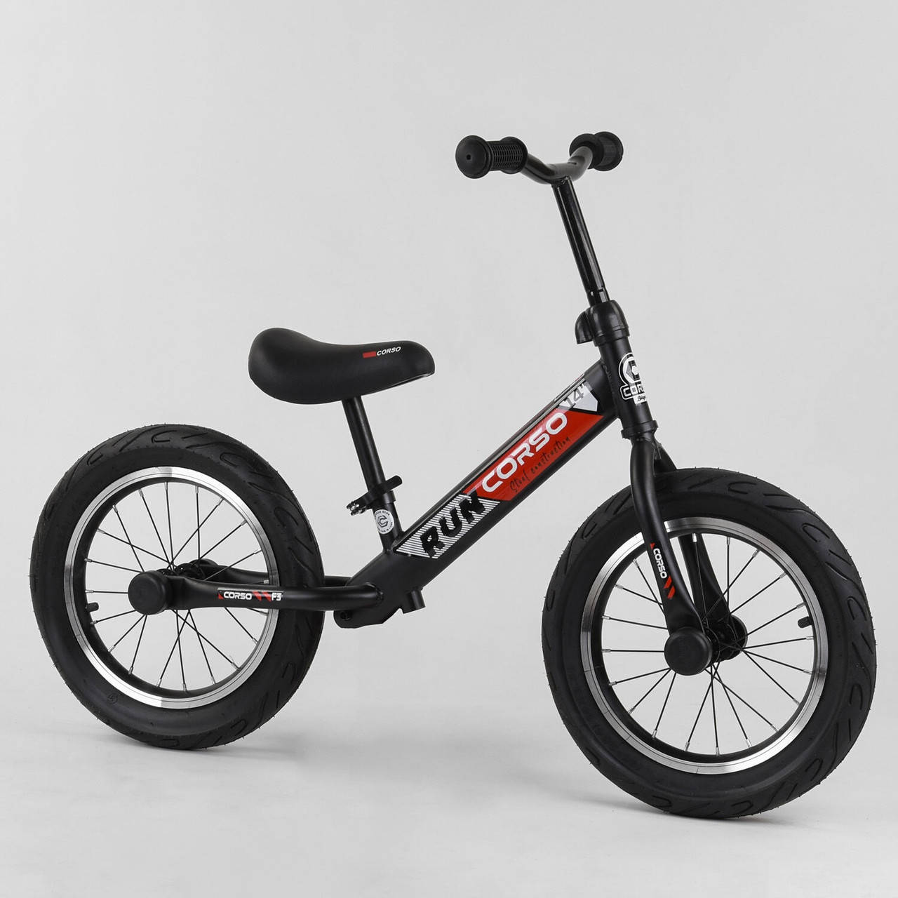 

Беговел CORSO стальная рама алюминиевые диски надувные колеса 14' Black-Red (90318)