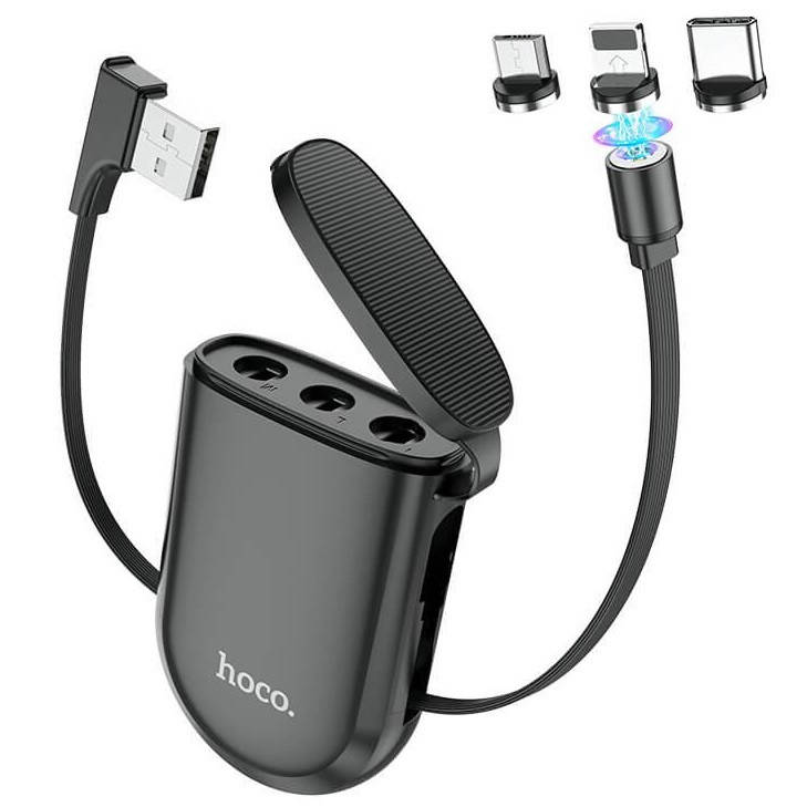 

Кабель магнитный 3 в 1 MicroUSB/Lightning/Type-C, кейс-рулетка Hoco S50 |1m, 2A| Черный