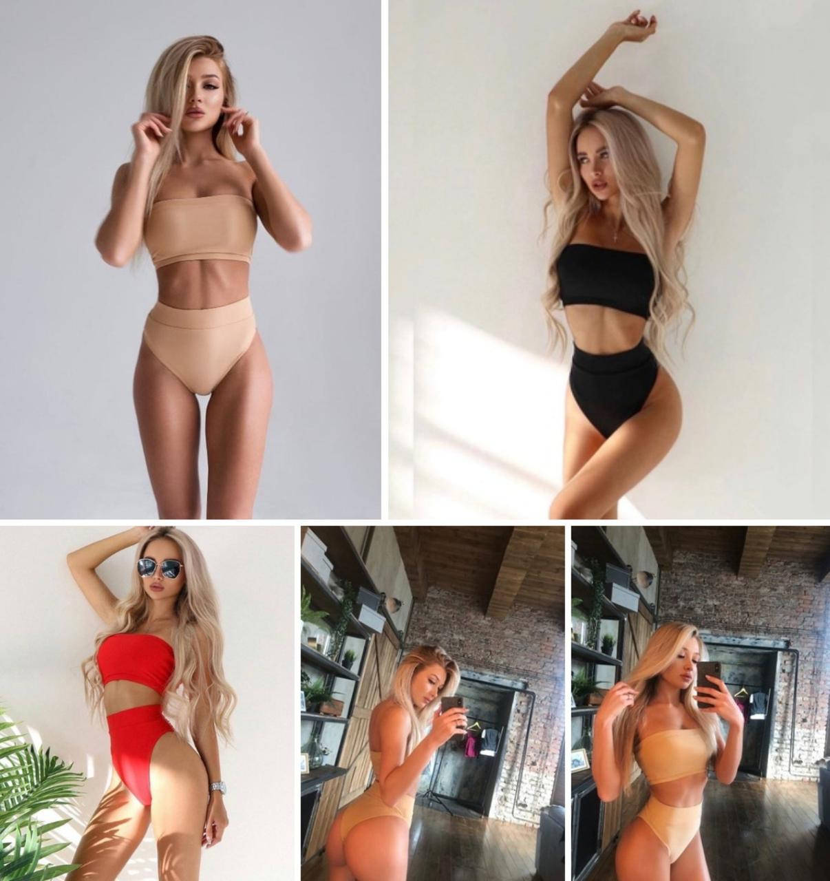 

Женский купальник. Ткань микродайвинг, трусики на пол попки. Цвета : чёрный, беж, красный.