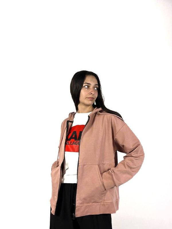 

Жіноча спортивна кофта на блискавці з капюшоном, Пудровый