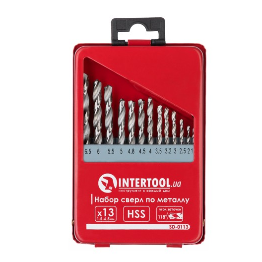 

Набор сверл по металлу HSS 13 шт (1,5-6,5) INTERTOOL SD-0113