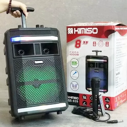 

Портативная Bluetooth колонка KIMISO с микрофоном 839QS 8" BASS бумбокс с разноцветной LED подсветкой +пульт