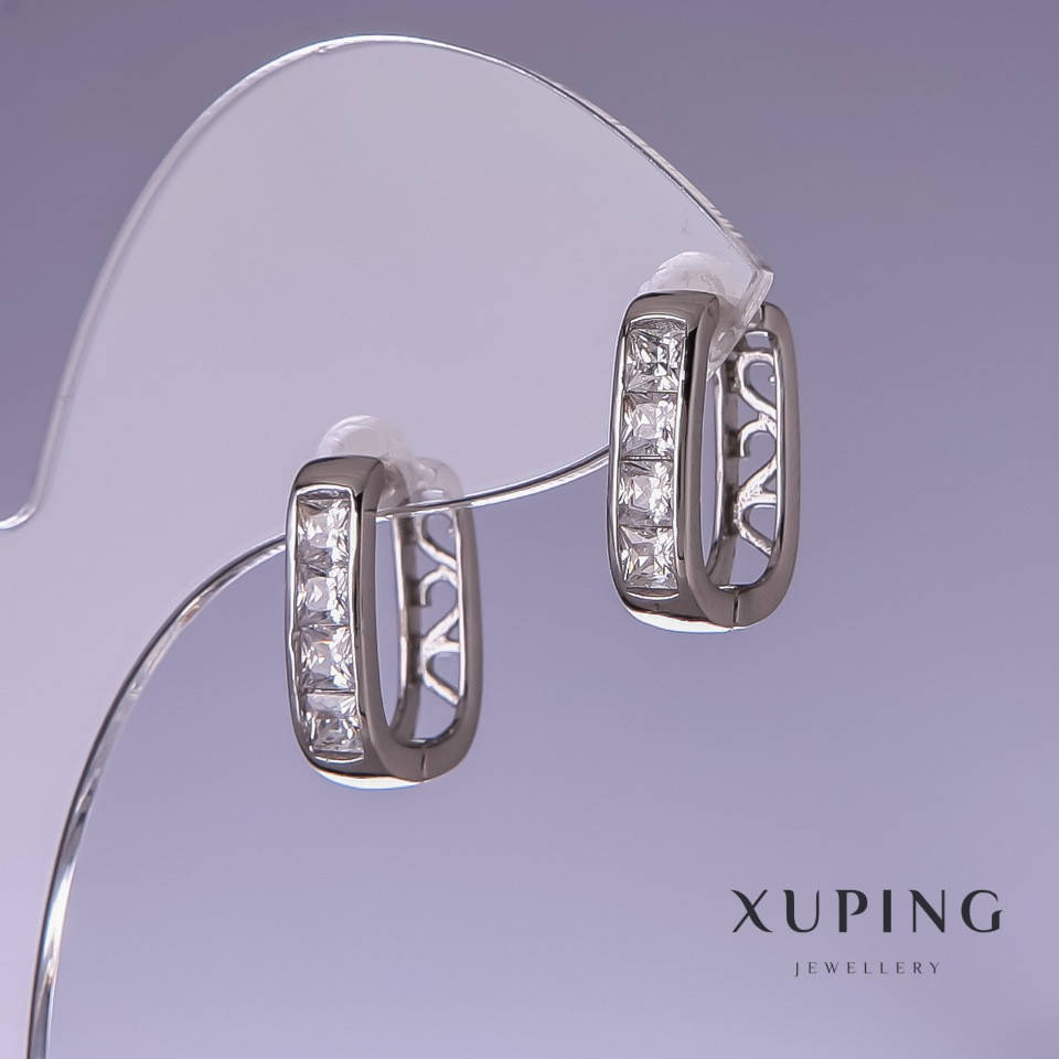 

Серьги Xuping с белыми стразами 4х16мм "родий "