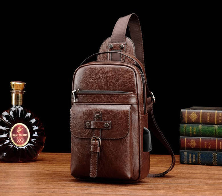 

Мужской однолямочный рюкзак Сумка нагрудная через плечо с USB выходом, Коричневый