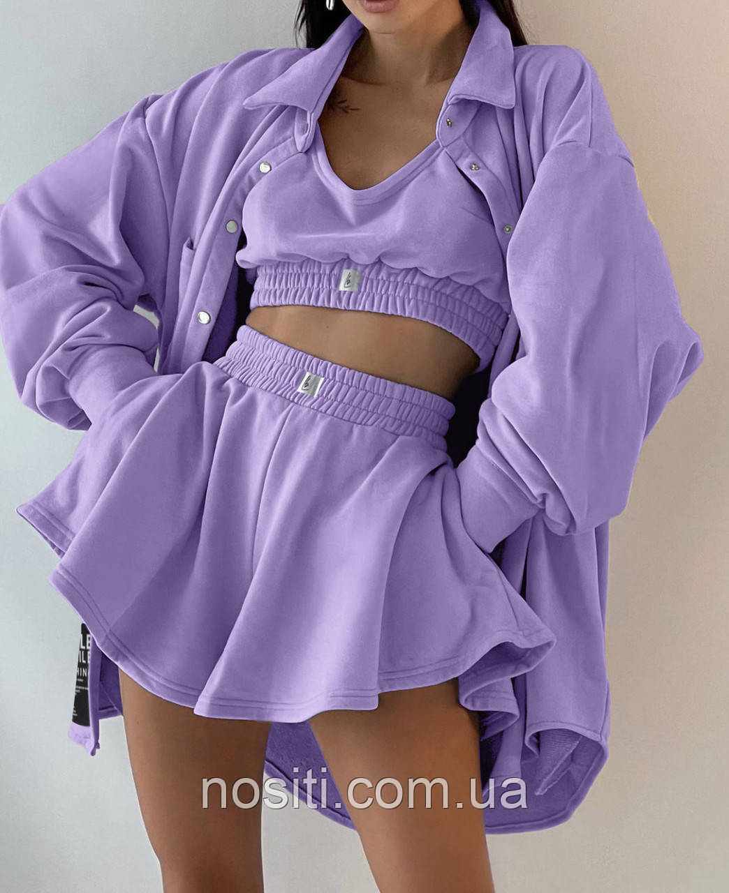 

Женский костюм лето тройка рубашка+топ+шорты Размер: S-М; М-L