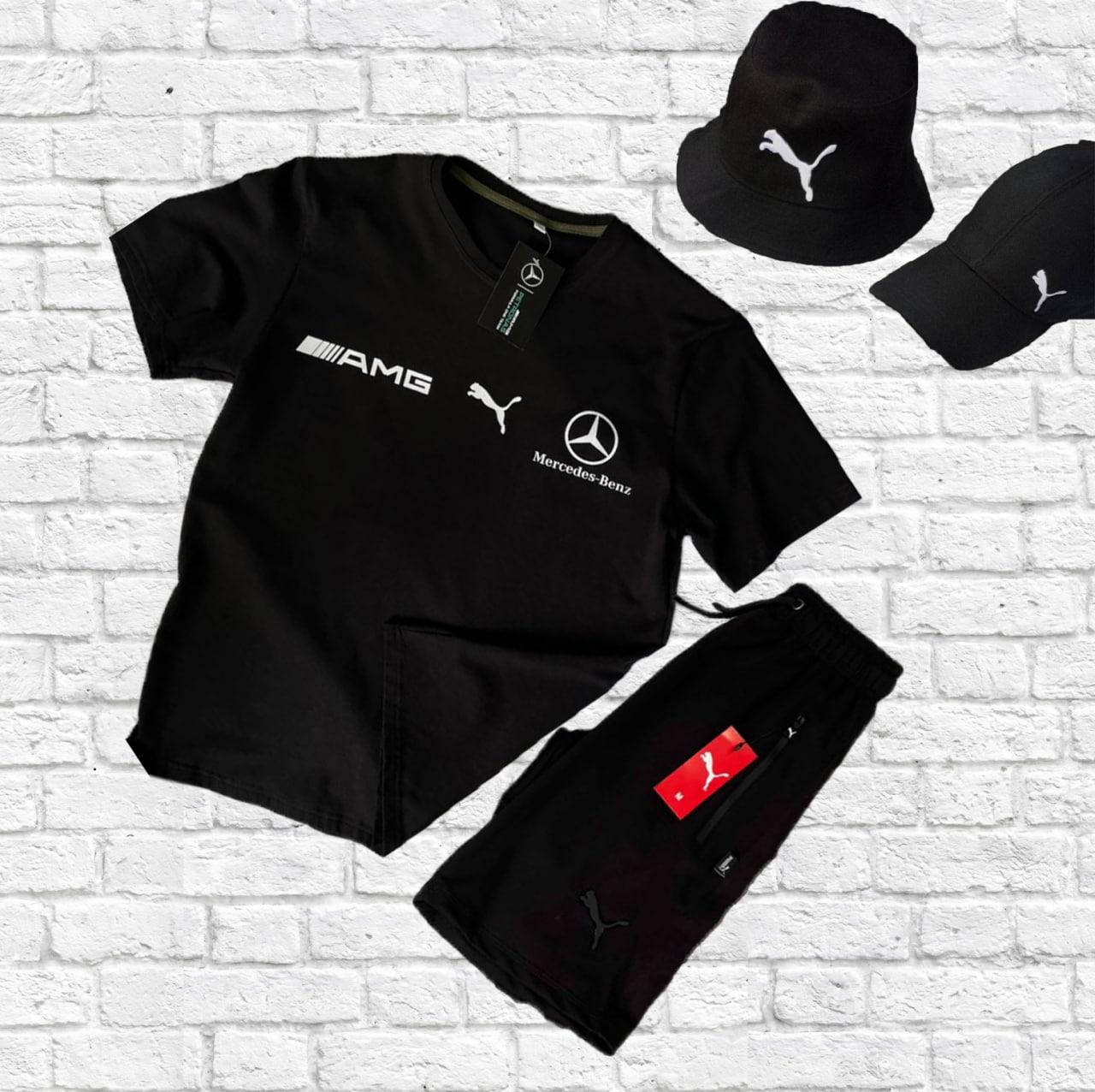 

Мужской летний комплект Puma черный (футболка+шорты+бейсболка/панама)