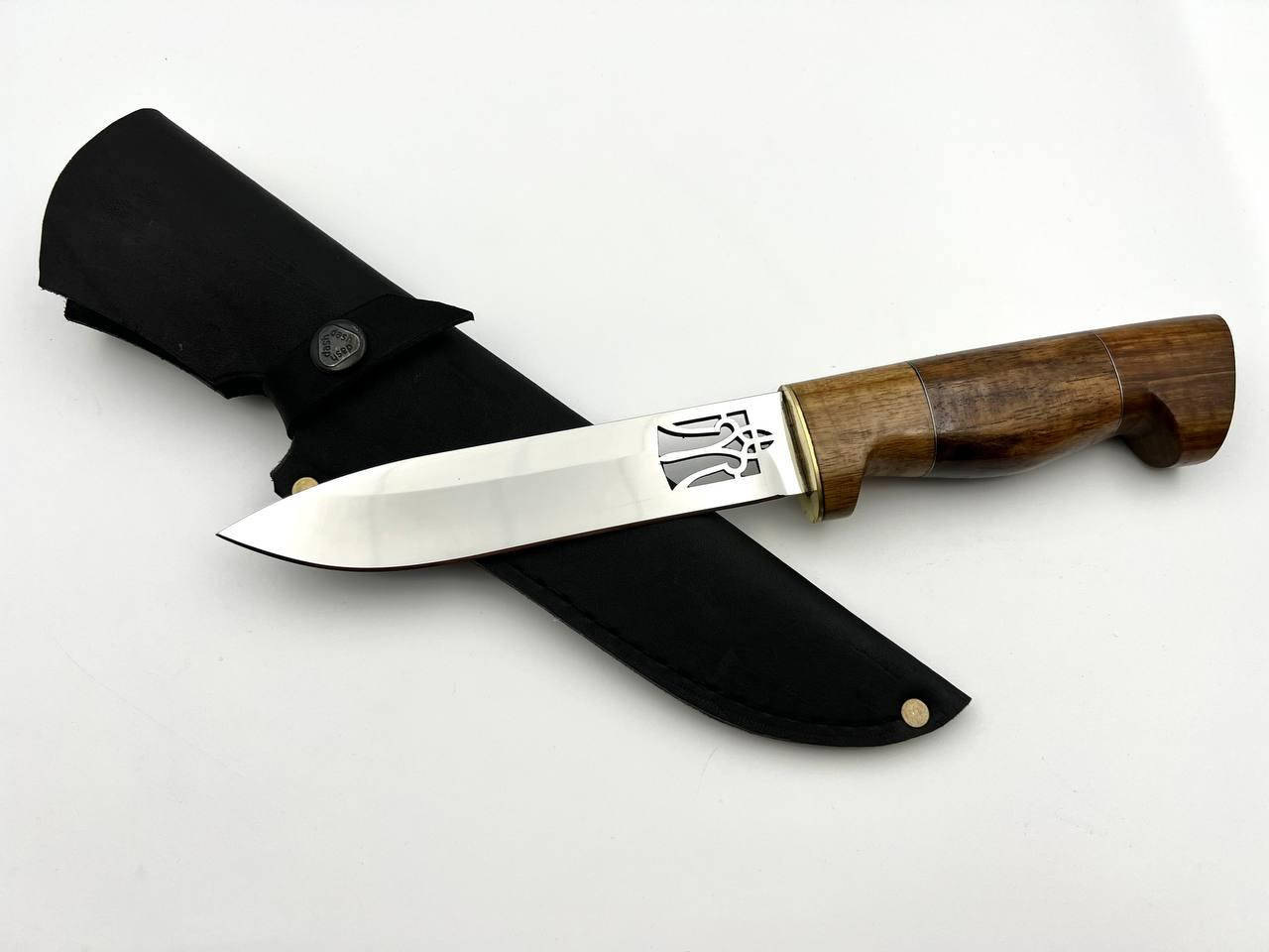 

Нож ручной работы «Трофей #4» с Тризубом с кожаными ножнами нескладной 95Х18