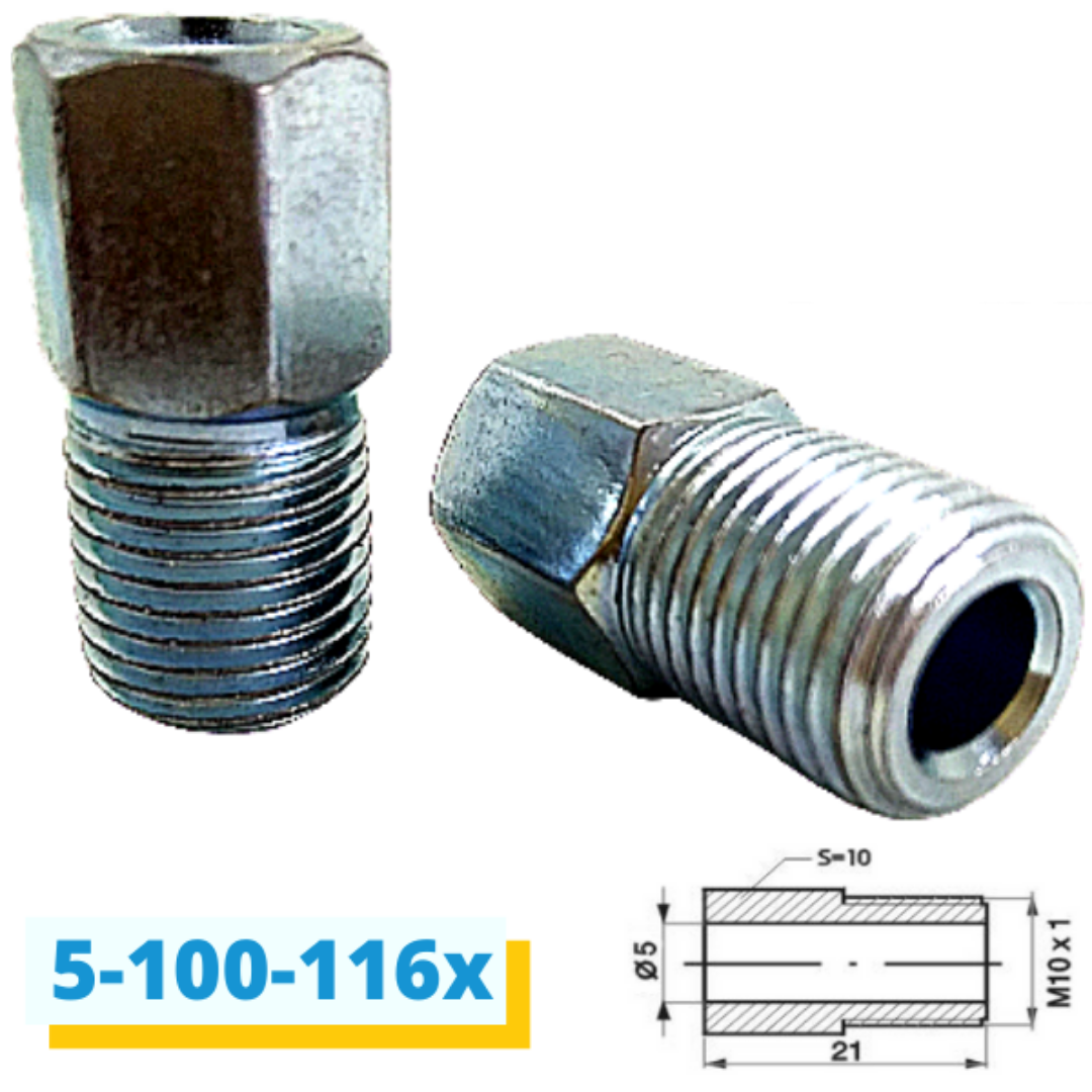 

Наконечник тормозной трубки М10х1 мм. Диаметр 5 мм. Длина 21 мм.