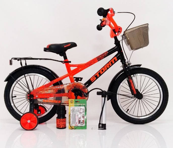 

16-STORM Детский велосипед c металлическим багажником и боковыми колесами оранжевый от 5 лет Сборка 85%