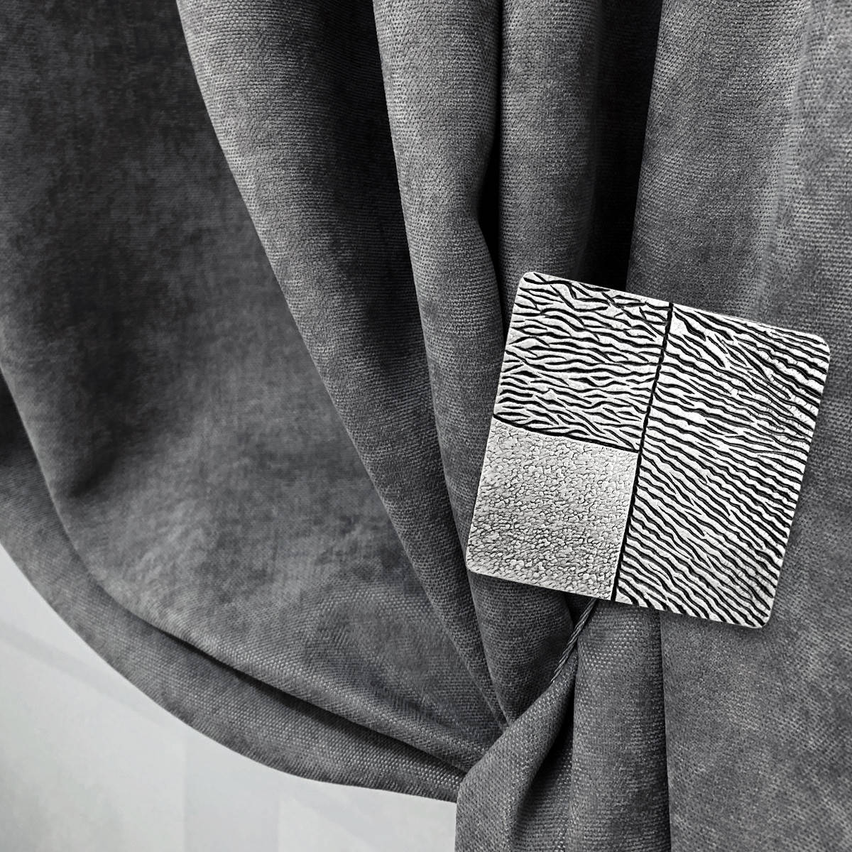 

Подхват для штор на магните – D075 серебристый (6х6см), квадратный шторный подхват, декор штор современный