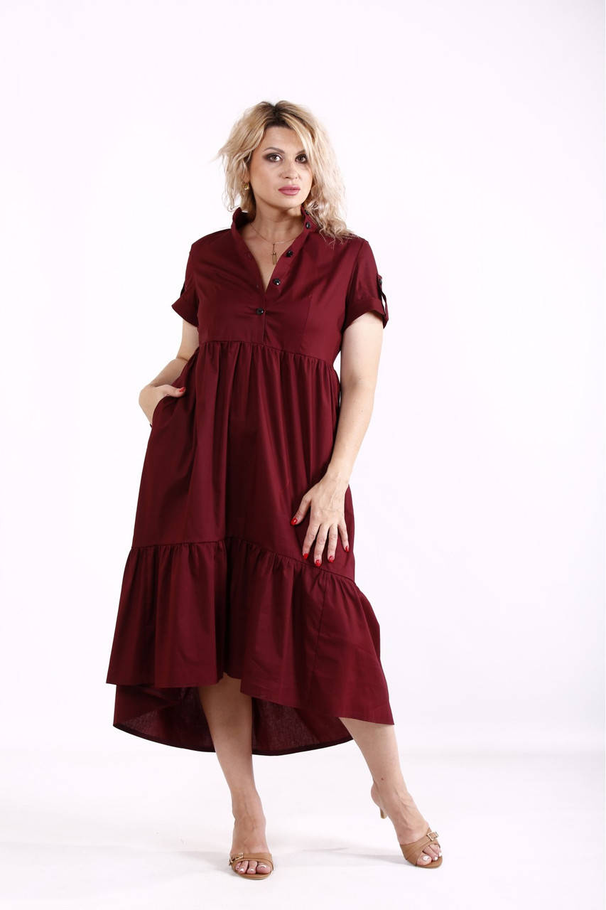 

Бордовое пышное платье летнее натуральное миди большого размера 42-74. 01900-3