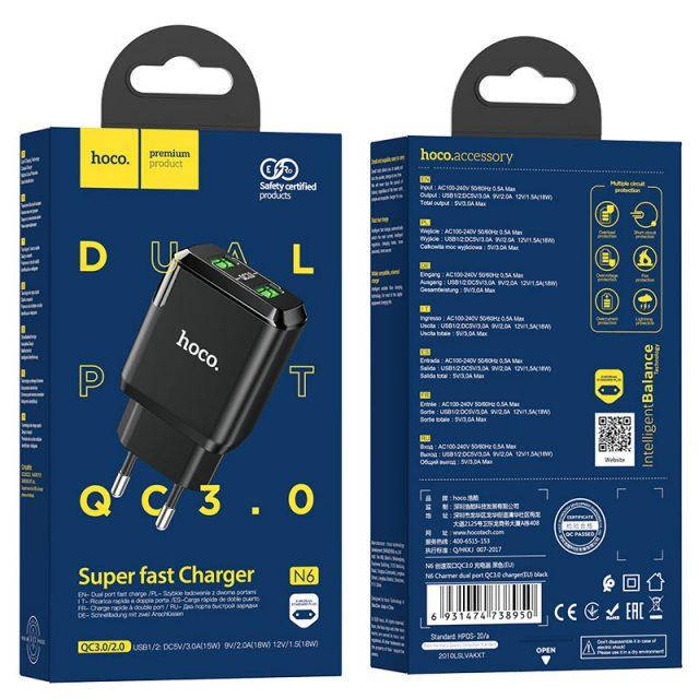 

Сетевое зарядное устройство Hoco N6 Charmer dual port QC3.0 charger (EU) Black Гарантия, Черный