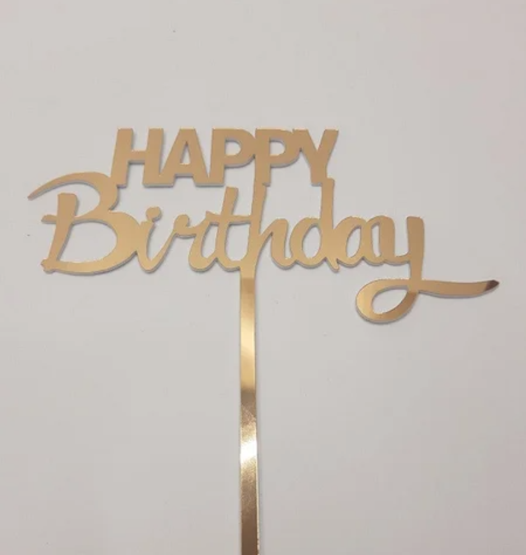 

Топпер зеркальный пластик золотой Happy Birthday