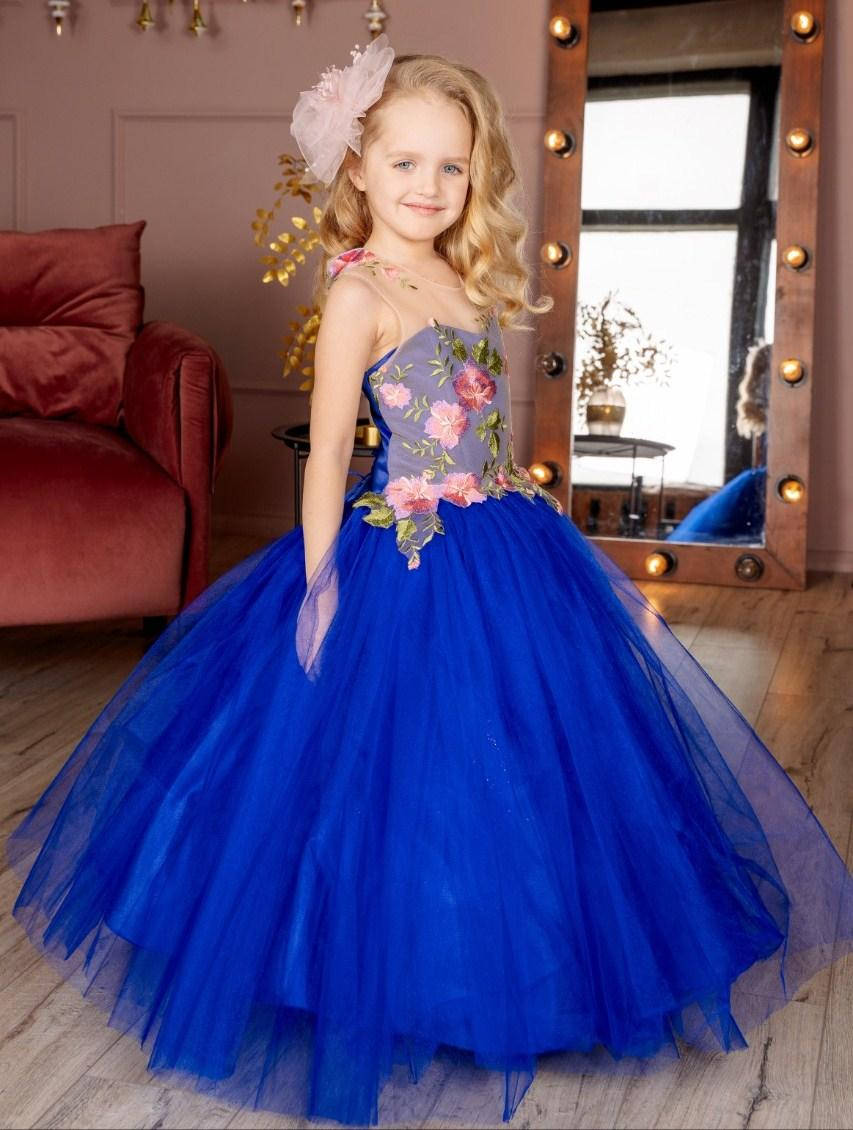 

Детское нарядное синее платье на выпускной "Цветы" с компьютерной вышивкой, Синий