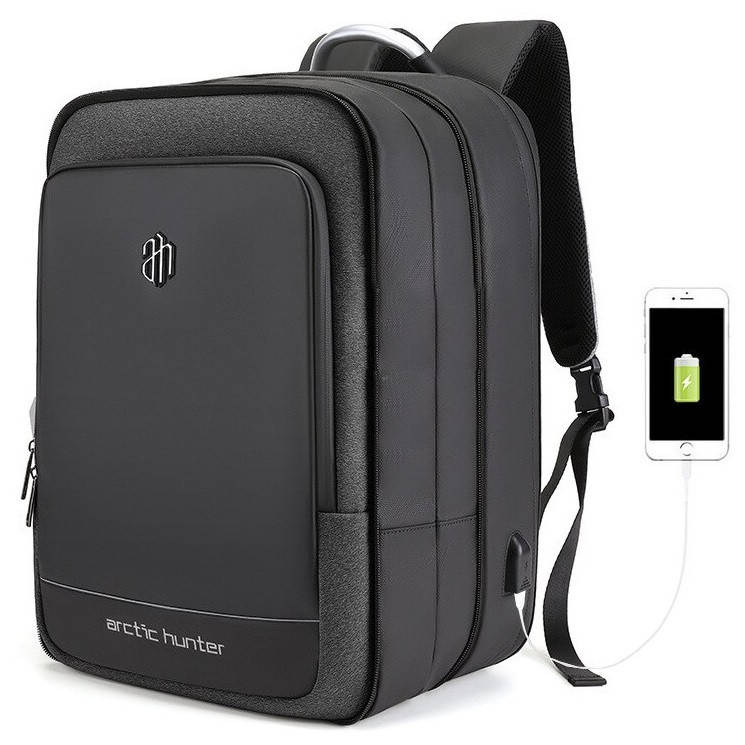 

Деловой бизнес-рюкзак портфель Arctic Hunter B00227L с расширителем 10см, USB портом, объемом до 41л, Черный