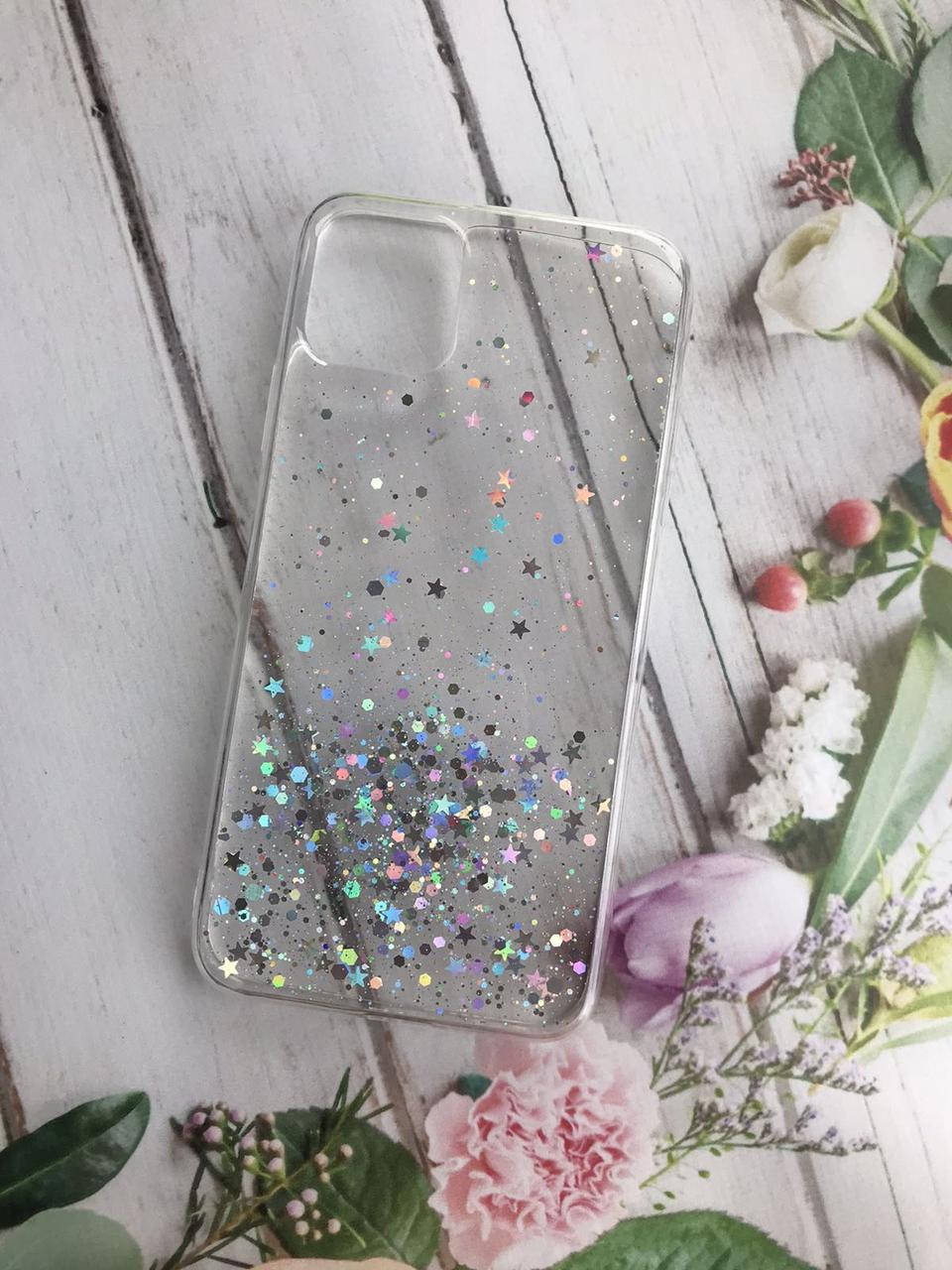 

Силиконовый чехол с блестками для iPhone 11 Pro Max (6,5) Серебро на прозрачном, Прозрачный