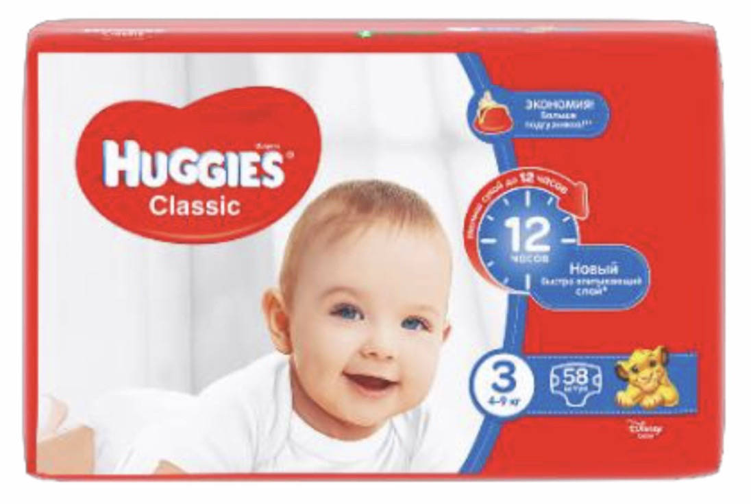 

Подгузники Haggies Classic (3) Mega 4-9 кг 58 штук