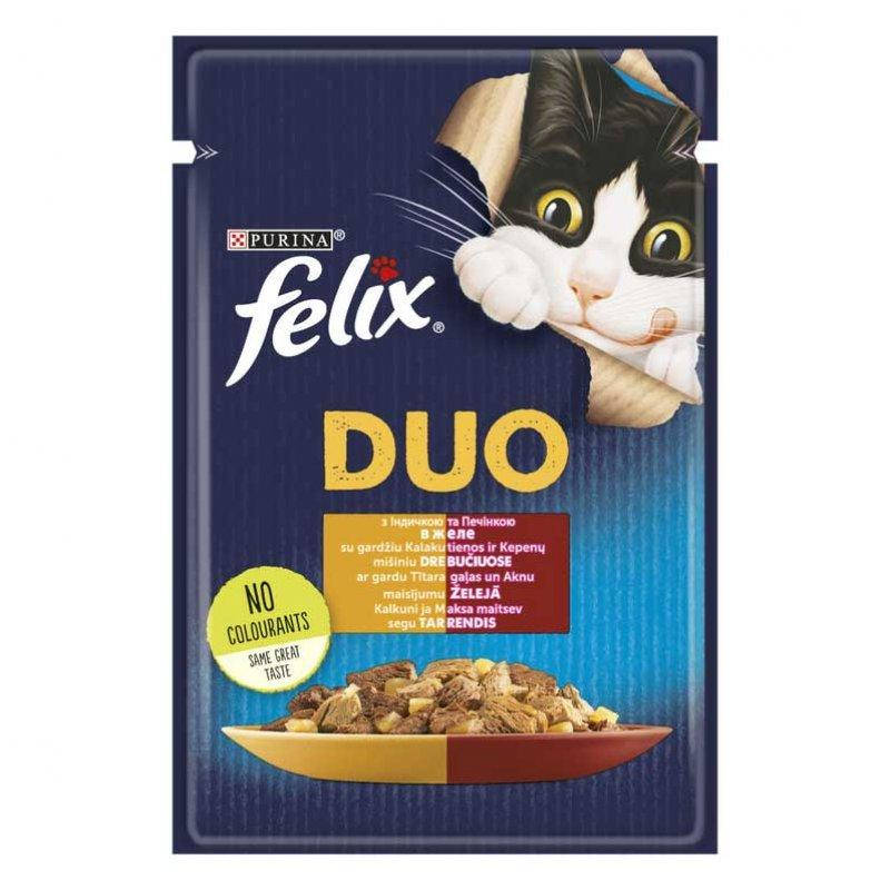 

Влажный корм Felix Fantastic Duo для кошек, с индейкой и печенью, в желе 85г*26шт