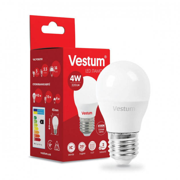 

Лампочка светодиодная LED Е27 4 Вт 4100K 320Lm 220 вольт G45 Vestum