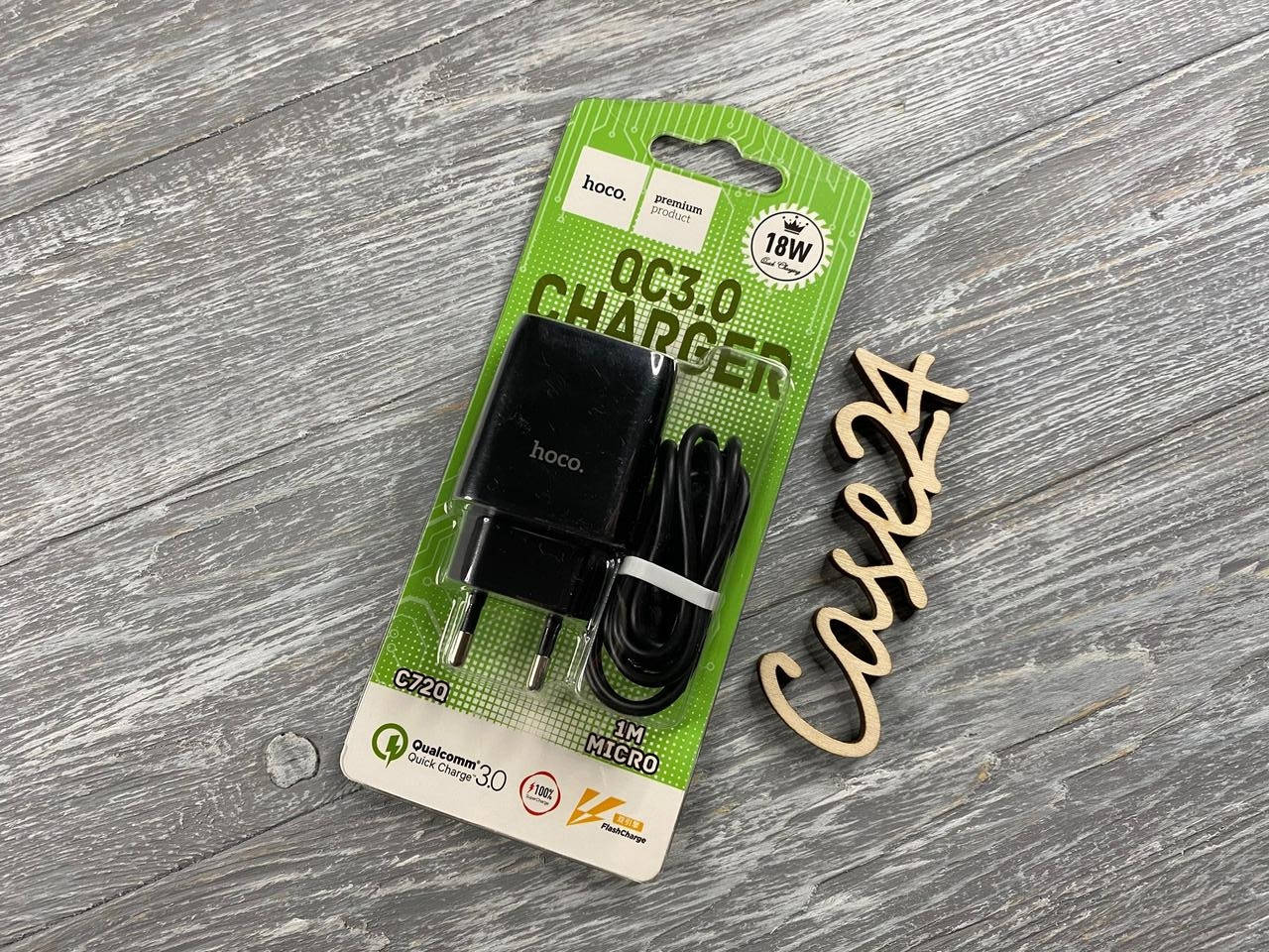 

СЗУ Hoco C72Q с кабелем micro-USB (QC3.0, 1USB, 18w) 1м (2 цвета) черный