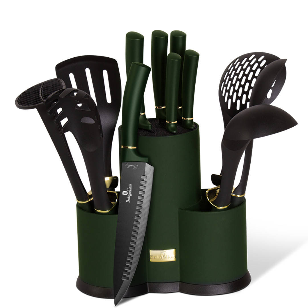 

Набор надежных кухонных принадлежностей и ножей с подставкой 13 предметов Berlinger Haus Emerald BH 6250