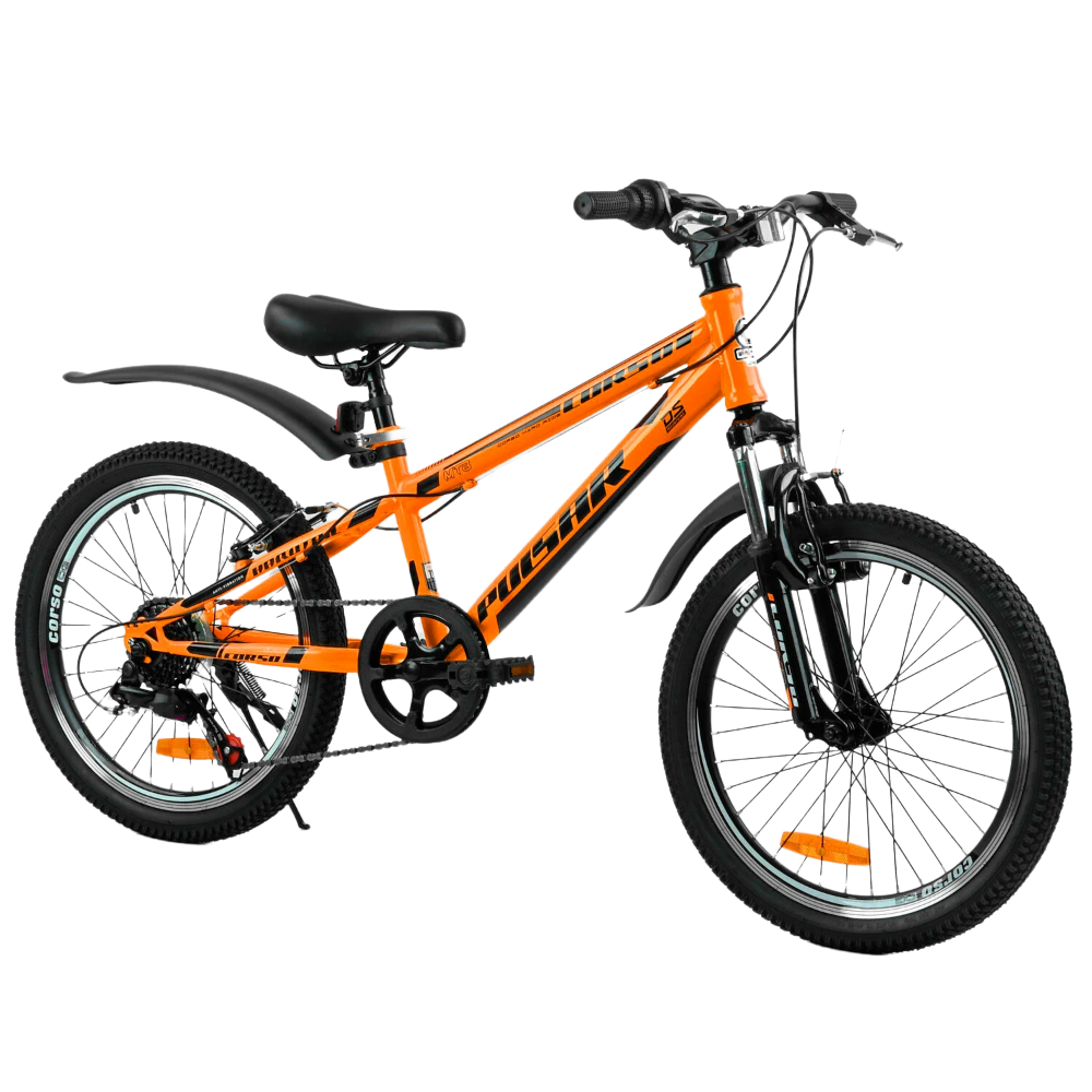

Детский велосипед спортивный Corso Pulsar 7-12 лет двухколесный 20’’ Черный с оранжевым