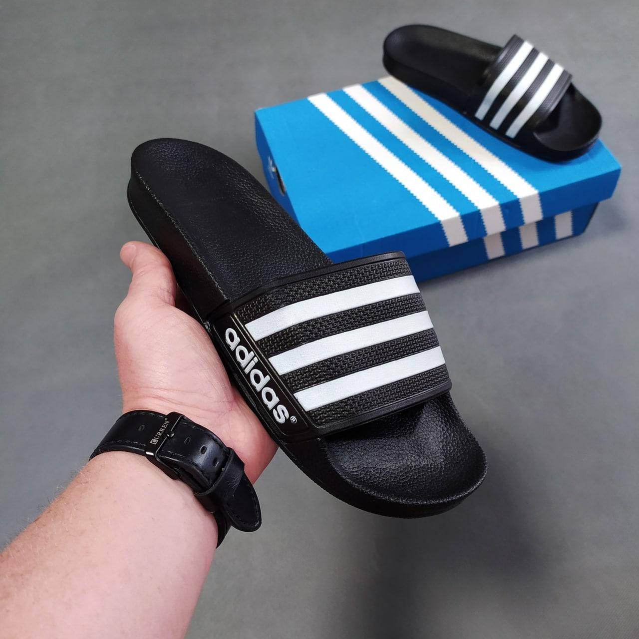 

Мужские шлепанцы Adidas черные, шлепки адидас кожаные, сланцы мужские тапки 42, Черный