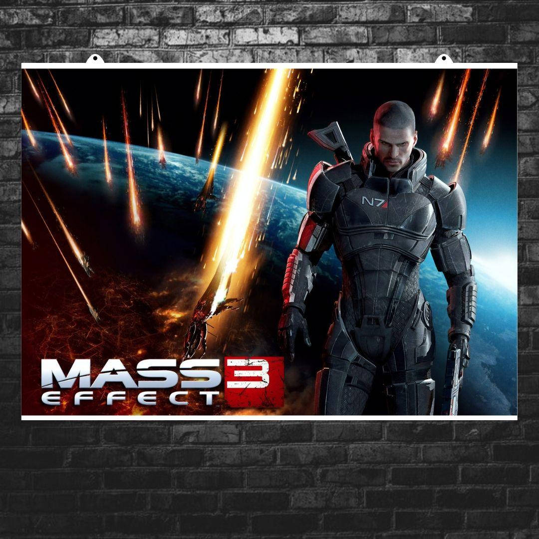 

Постер "Шепард на фоне атакуемой Земли", Mass Effect 3. Размер 60x85см (A1). Матовая бумага