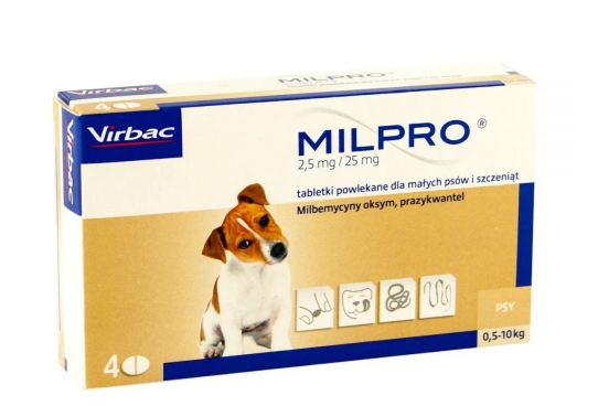 

Милпро Milpro 2,5 мг/25 мг для дегельминтизации щенков и собак мелких пород 0,5 - 5 кг, 4 таб