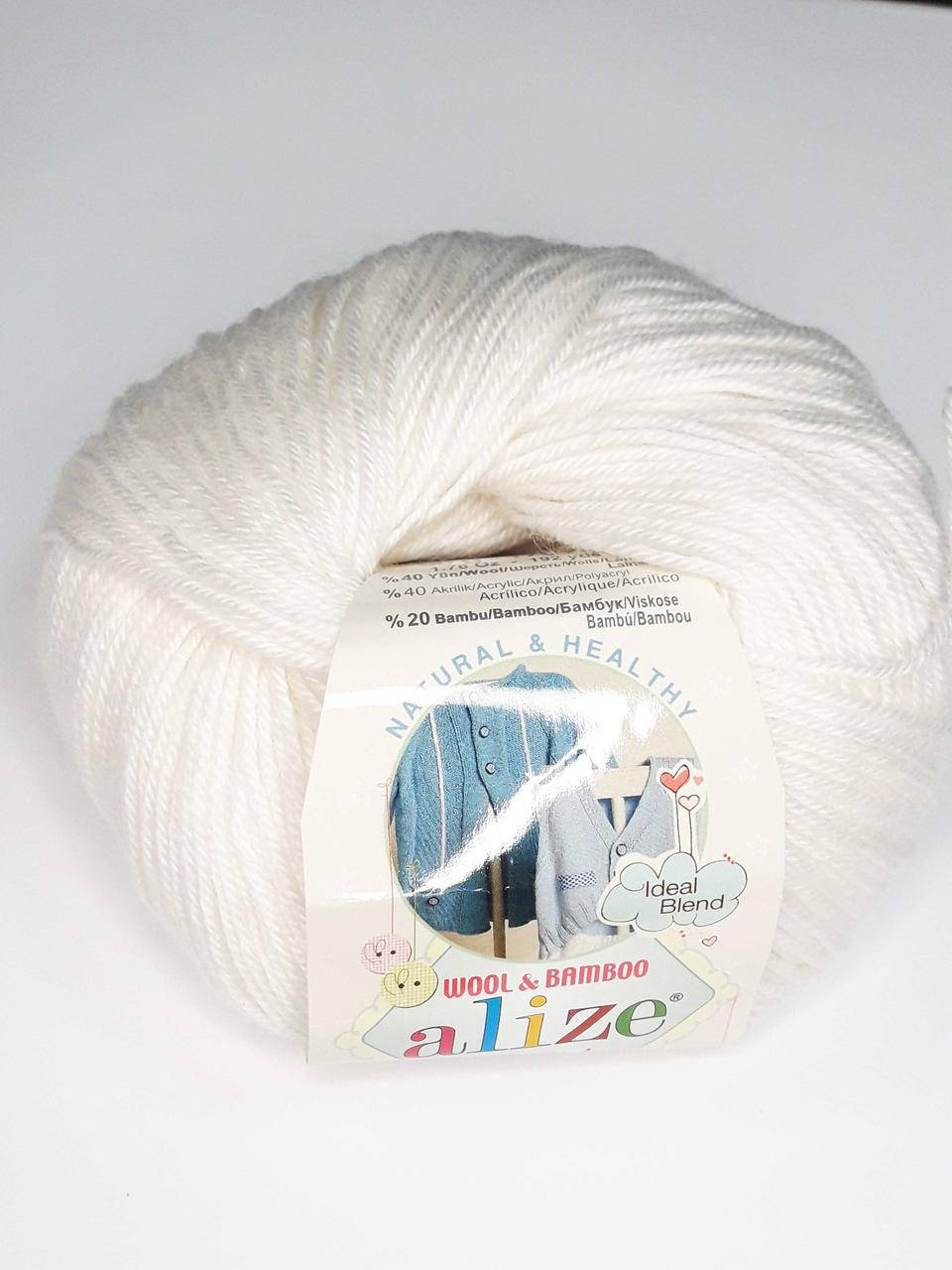 

Нитки пряжа для вязания, детская пряжа Ализе Alize BABY WOOL 50 грам, Дитяча пряжаБіла 55, Белый