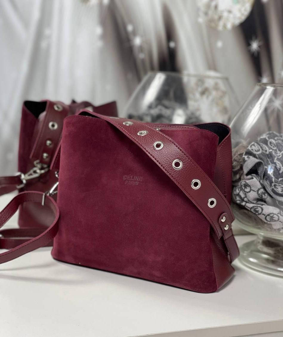 

Замшевая женская сумка через плечо стильная кроссбоди бордовая замша+кожзам, Бордовый