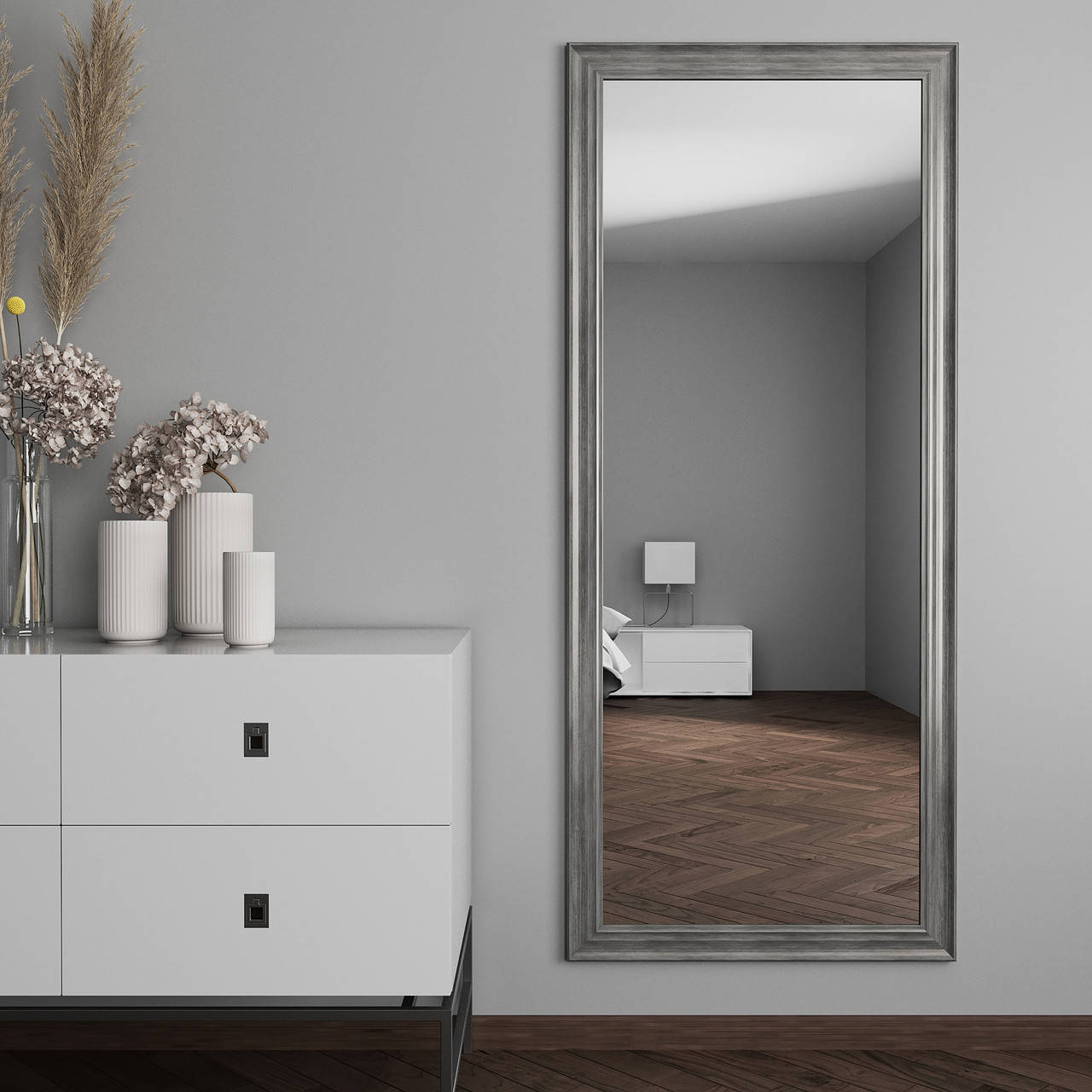 

Настенное зеркало в серой раме 172х72 Ростовое Black Mirror в прихожую спальню ванную коридор магазин, Серебристый