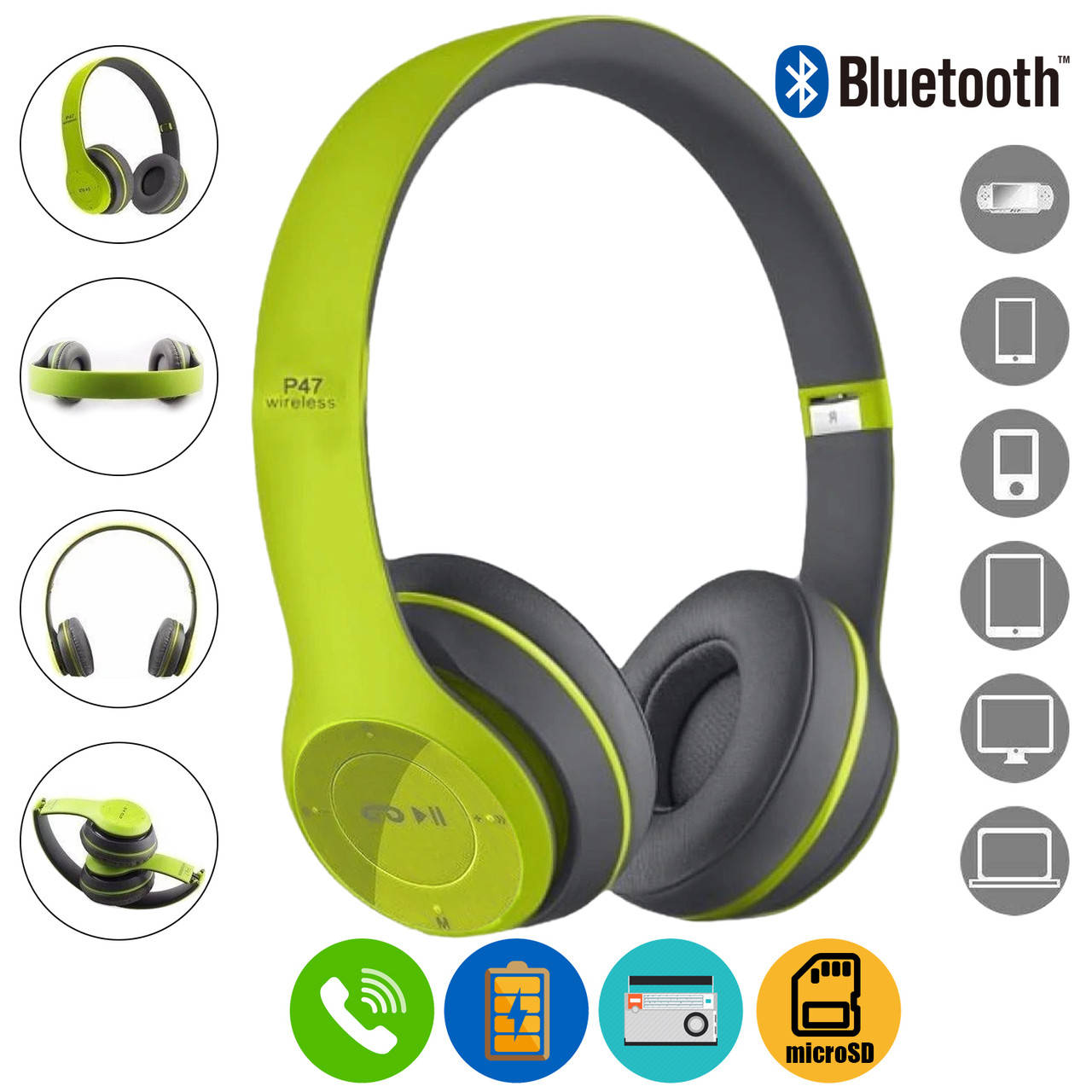 

Беспроводные наушники Bluetooth Wireless P47 Black Гарнитура для ПК, телефона с микрофоном -microSD, FM Green