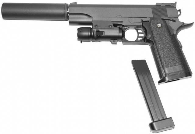 

Страйкбольный пистолет Colt 1911 мелалл c глушителем и лазерным прицелом 6 мм, Черный