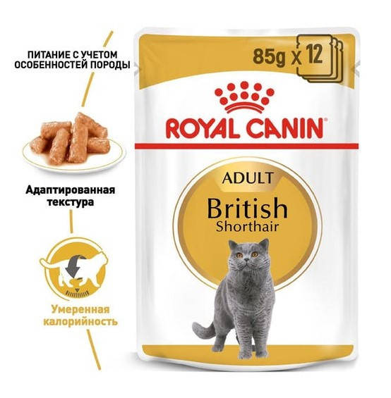 

Royal Canin British Shorthair (кусочки в соусе) 85г*12шт-паучи для британских короткошерстных кошек