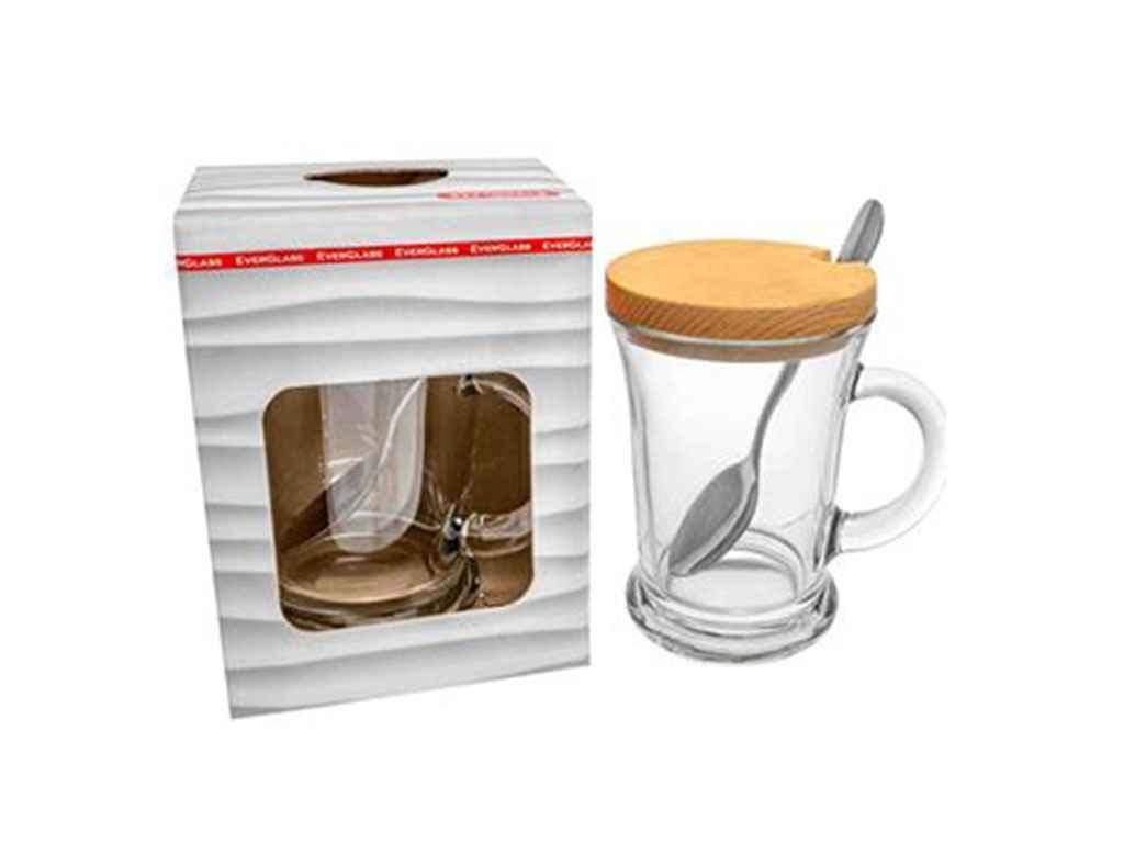 

Чашка скляна 385мл з ложкою та дерев.кришкою 50823К1 ТМ EVERGLASS