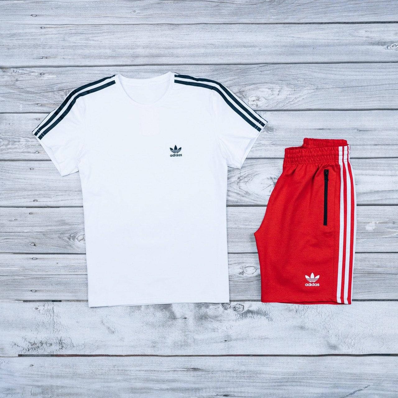

Мужской Летний Комплект Adidas (Адидас) Футболка и Шорты в Бело-Красном Цвете, Белый