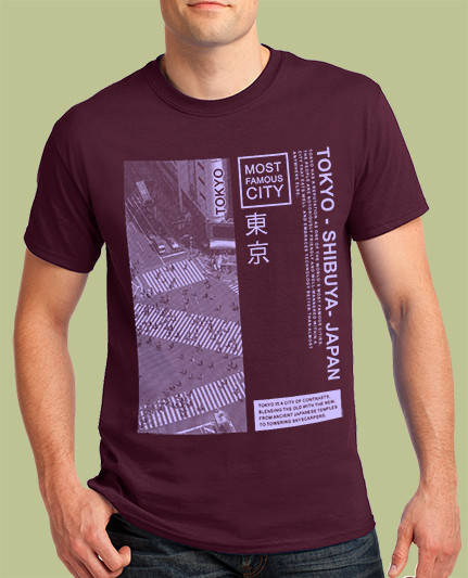 

Мужская футболка прекрасного качества, хлопковая с принтом TOKYO-SHIBUYA бордовая