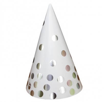 

Праздничный карнавальный Колпачок белый в серебрянный горох