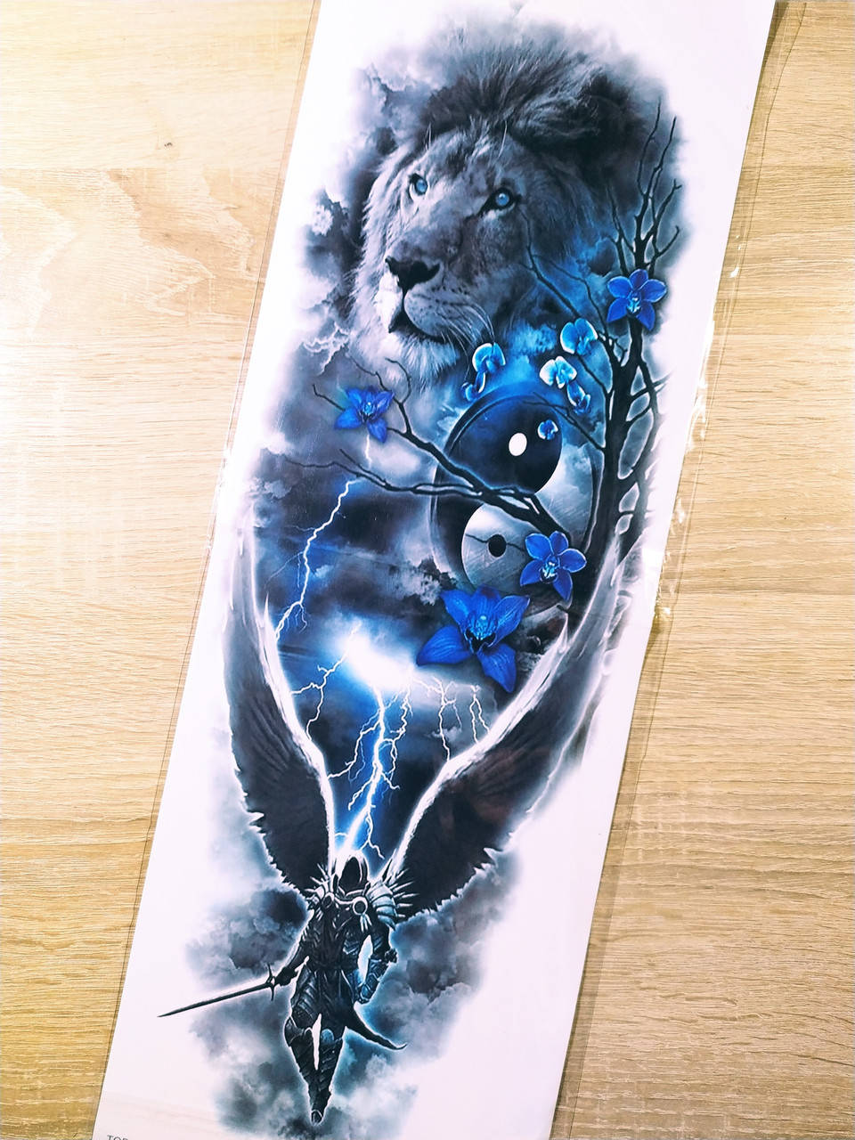 

Тату рукав Ангел/ Лев/ Инь-Янь black and blue tattoo 48х17см Временная татуировка на руку, бедро