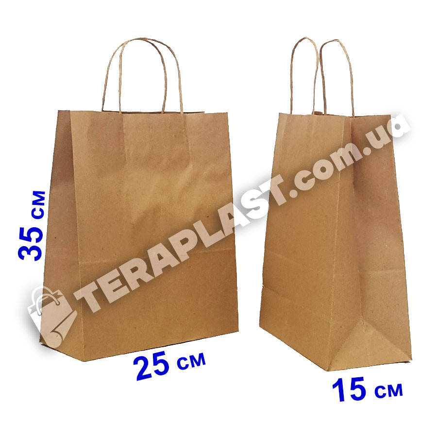 

Бумажные крафт пакеты с кручеными ручками бурые 250х150х350 плотные 100 г/м2