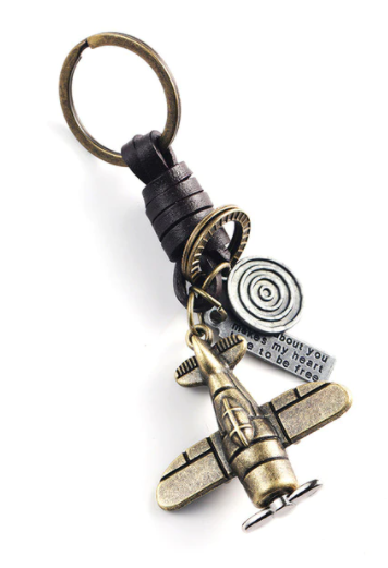 

Брелок на ключи металл самолет крутится пропеллер цвет типа под бронзу оплетка под кожу